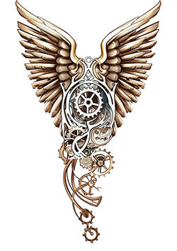 Tattoo template of a mechanical wing adorned with gears and cogs, embodying steampunk aesthetics and the spirit of freedom