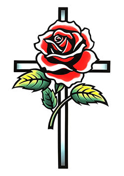 Tattoo template of a red rose entwined with a black cross representing eternal love and devotion