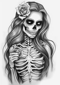 Tattoo template of a female skeleton with a rose and long hair