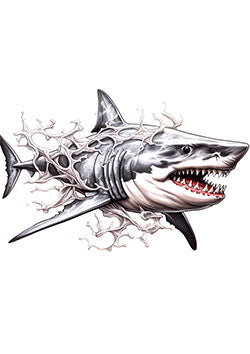 Tattoo template of a fierce shark breaking through coral