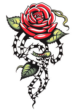 Tattoo template of a vibrant red rose entwined in black and white thorns with green leaves