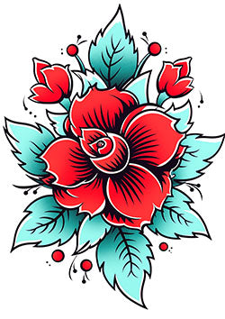 Tattoo template of a vibrant red rose with green leaves