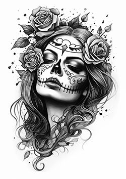 Tattoo template of a Day of the Dead woman with face paint and roses in her hair