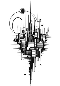 Tattoo template of a stylized cityscape with skyscrapers and sun