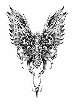 Tattoo template of an ornate winged heart with detailed patterns