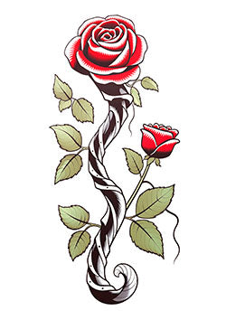 Tattoo template of a red rose intertwined with vines and green leaves, symbolizing eternal beauty and growth