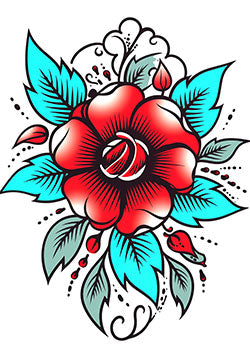 Tattoo template of a red rose with teal leaves in traditional style