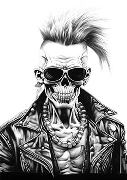 Tattoo template of a skeletal punk with spiked hair and leather jacket