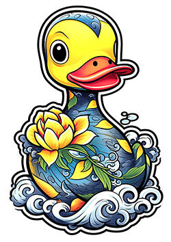 Tattoo template of a colorful rubber duck with lotus flowers and waves