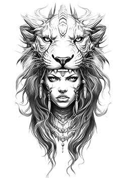 Tattoo template of a woman with a lion's mane and features