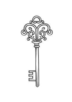 Tattoo template of a vintage key with ornate designs