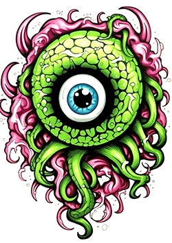 Tattoo template of an alien eye with tentacles and pink tendrils, evoking a cosmic monster theme.