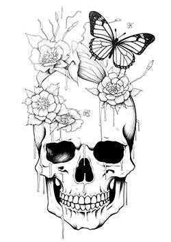 Tattoo template of a skull with flowers and a butterfly, merging life and death.