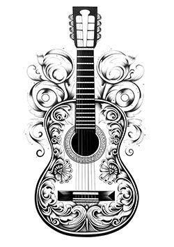 Tattoo template of an ornately decorated guitar with flourishes