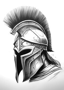 Tattoo template of a Spartan helmet with intricate details and weathered texture