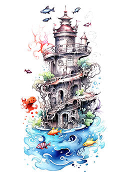 Tattoo template of a whimsical underwater castle with fish and an octopus