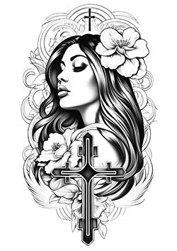 Tattoo template of a woman with a flower and cross