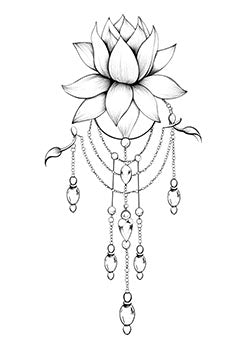 Tattoo template of a lotus flower with dangling jewel chains