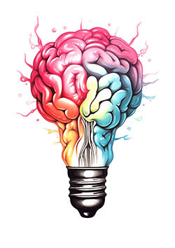 Tattoo template of a brain transforming into a light bulb, symbolizing creativity and innovation.