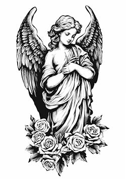 Tattoo template of a serene angel with a heart and roses