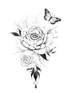 Tattoo template of a peony and rose with a butterfly above