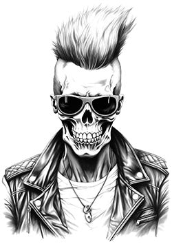 Tattoo template of a skull with a mohawk, leather jacket and sunglasses exuding rebellion