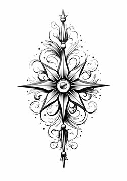 Tattoo template of a symmetrical ornate compass design with star elements