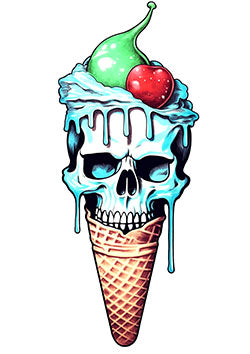 Tattoo template of a skull-shaped ice cream cone with a cherry on top.