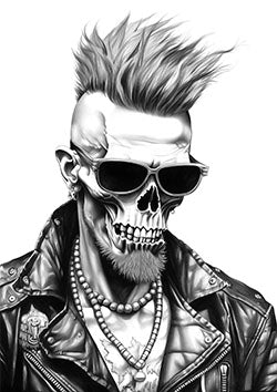 Tattoo template of a skull with a mohawk and sunglasses, wearing a leather jacket and beads, showing a punk aesthetic