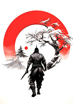 Tattoo template of a samurai with a crimson moon and a solitary tree