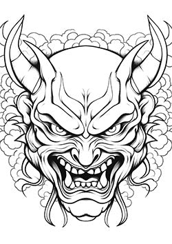 Tattoo template of a Japanese oni demon with sharp horns and intense expression