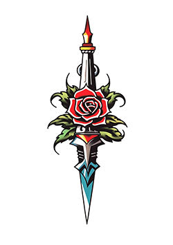 Tattoo template of a dagger wrapped with a rose, merging the sharpness of a blade with the softness of petals for a striking contrast.