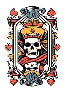 Tattoo template of a skull with a crown framed by playing card symbols and hearts