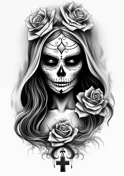 Tattoo template of a La Catrina with sugar skull face and roses