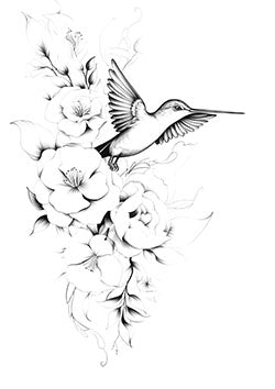 Tattoo template of a hummingbird hovering among flowers, symbolizing elegance and freedom.