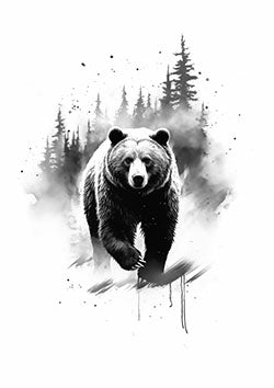 Tattoo template of a majestic bear with a forest backdrop