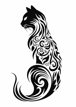 Tattoo template of a stylized tribal cat with intricate designs