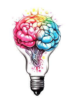 Tattoo template of a colorful brain fused with a light bulb, symbolizing creativity