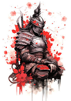 Tattoo template of a poised samurai with falling red petals