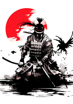 Tattoo template of a samurai warrior against a red sun backdrop