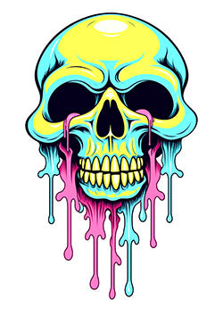 Tattoo template of a neon melting skull in yellow, pink, and blue hues