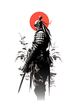 Tattoo template of a samurai with a red sun background