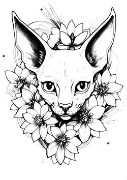 Tattoo template of a Sphynx cat's face with blooming flowers capturing mystical elegance.