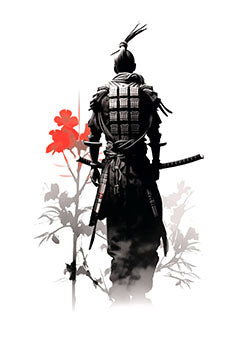 Tattoo template of a samurai beside red flowers