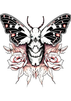 Tattoo template of a skull butterfly with roses blending life and death symbolism.