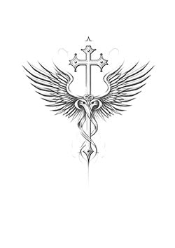 Tattoo template of a cross with angel wings and serpents intertwining