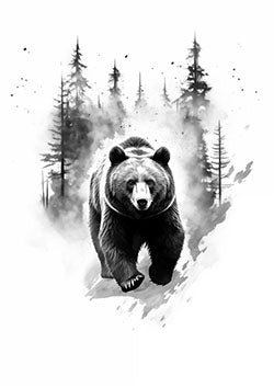 Tattoo template of a bear with a misty forest background