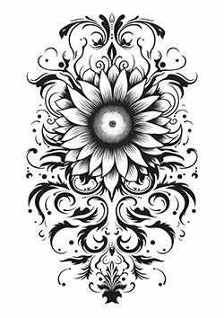 Tattoo template of a symmetrical floral pattern with intricate filigree