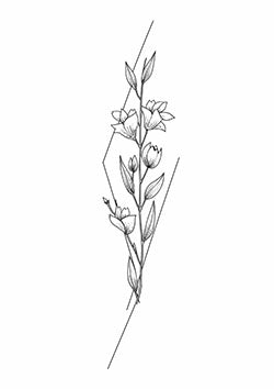 Tattoo template of a detailed branch with blooming flowers and geometric lines.