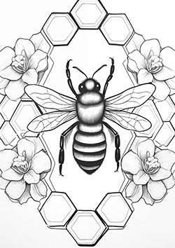 Tattoo template of a bee with hexagonal honeycombs and flowers